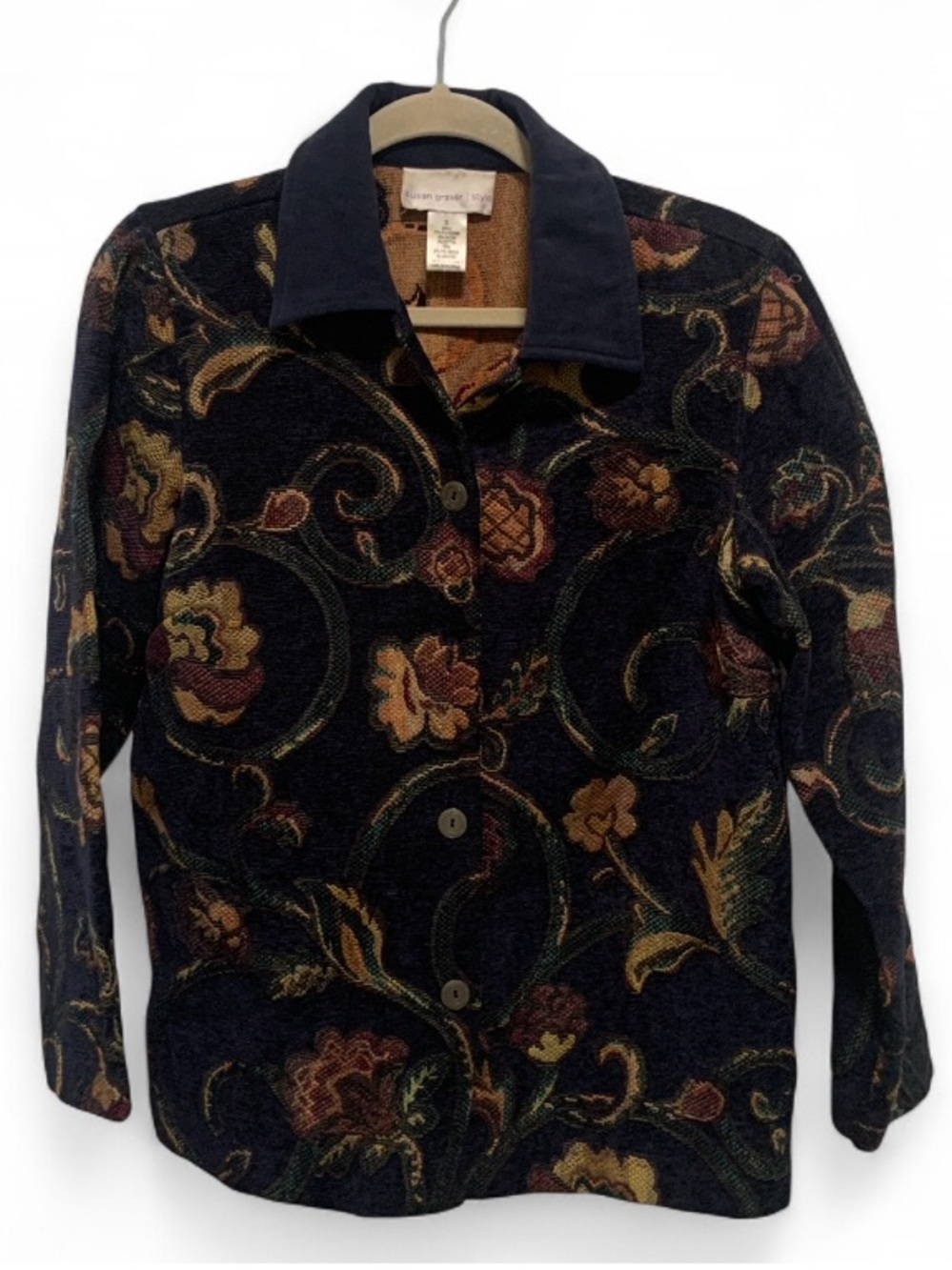 Vintage Susan Graver Dark Blue Floral Tapestry Button Jacket